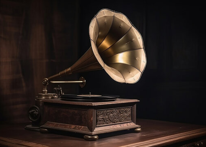 Gramophone ancien avec pavillon en laiton et coffret en bois sculpté, posé sur une table